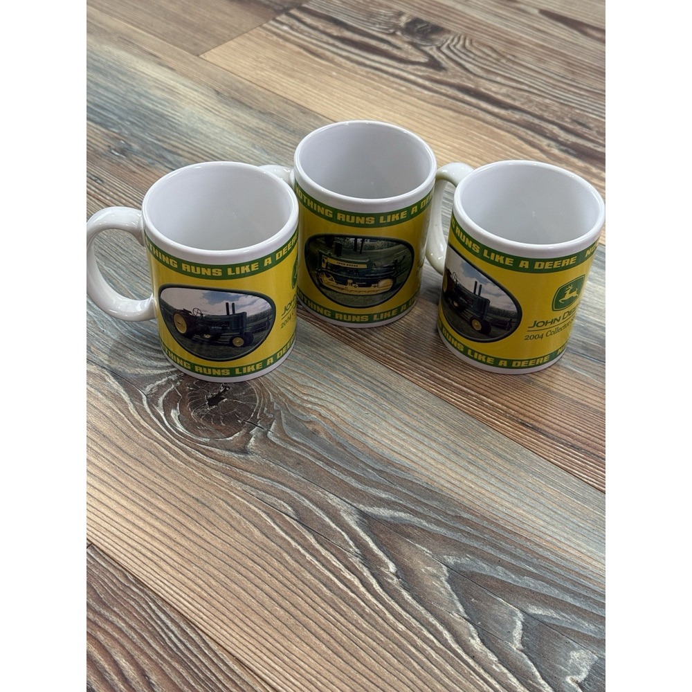 2004 John Deere Mugs 31151/31251, Green/Yellow, 4" Tall, Lot Of 3